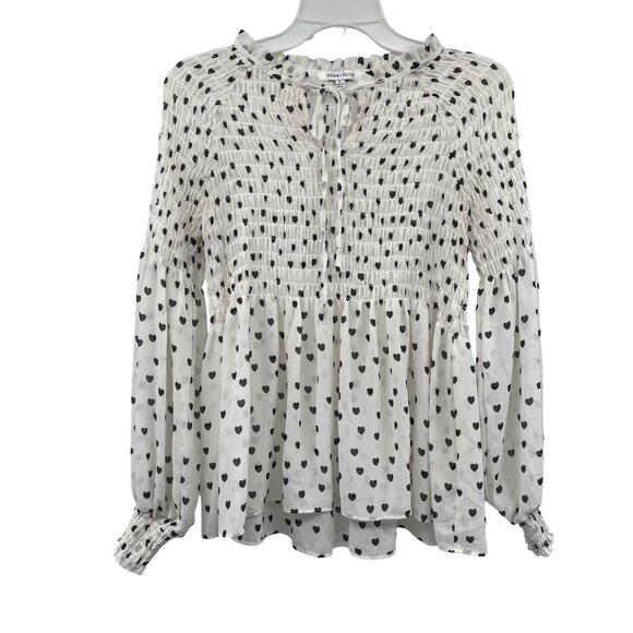 Rose + Olive Heart Print Blouse Long Sleeve Smocked Ivory/Black Size Small - Picture 1 of 8